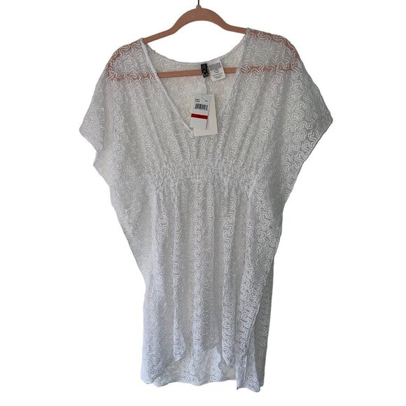 Becca Womens Tunic Swim Cover Up Size Extra Small White Lace Dolman Sleeve